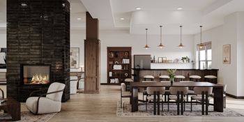 a large dining room with a table and chairs and a fireplace